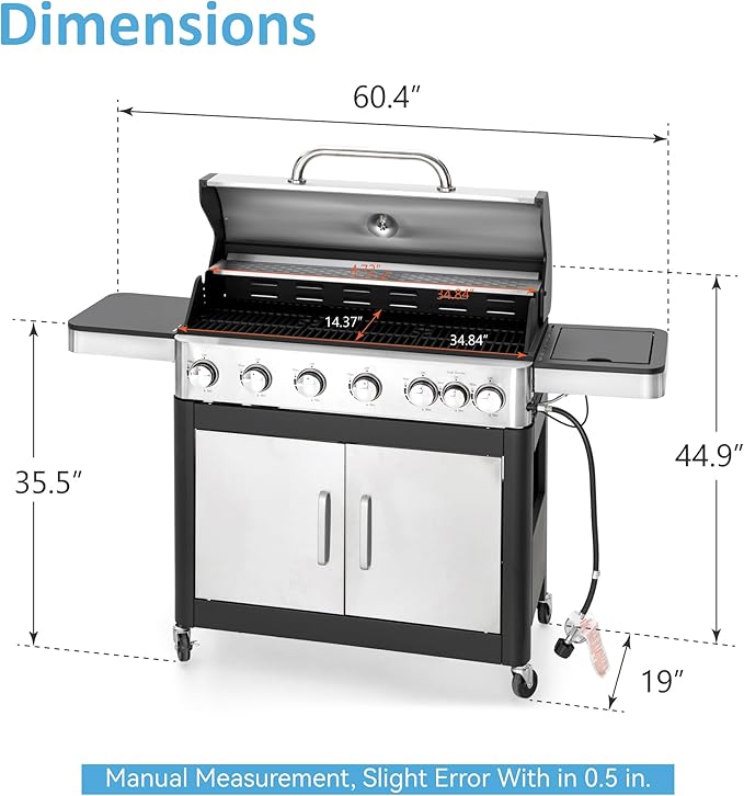 6 Burner Propane Gas BBQ Grill with Side Burner & Porcelain-Enameled Cast Iron Grate, 65,800 BTUs Barbecue Grill 665 Sq. In. Grilling Area, Outdoor Propane Grill for Camping Patio Backyard Cooking