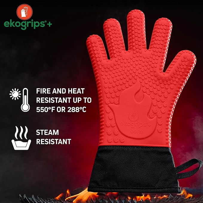 Ekogrips Plus Oven Gloves with Fingers, Comfy Waterproof Silicone Oven Mitts Heat Resistant with Long Cuff, Insulated BBQ Gloves Perfect for Grilling, Baking, Smoker, Canning, and Pizza, Red, OSFM