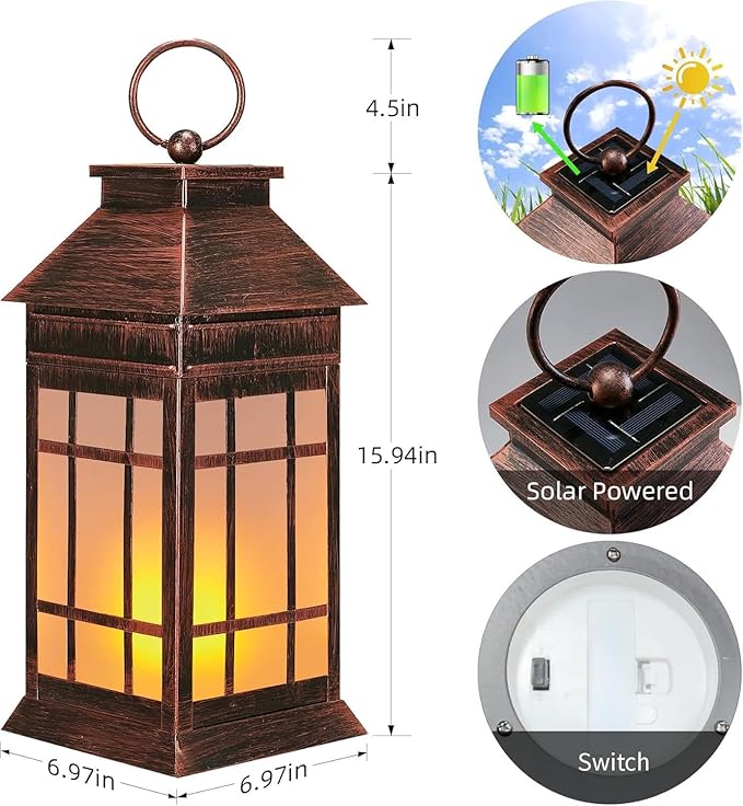 18" Glass Solar Lanterns Outdoor Waterproof, Large Solar Flickering Flame Lantern, Outdoor Lantern Decorative Metal Garden Light for Patio Garden Backyard Outside Tabletop Decor Birthday Gift Grandma