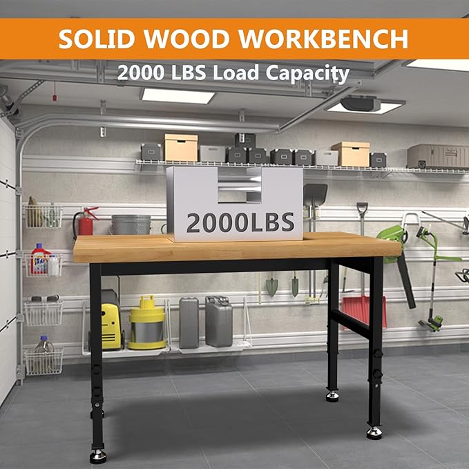 48" Work Bench, Adjustable Height Workbench with Rubber Pad, Heavy-Duty Solid Wood Work Table with Power Outlets, 2000 LBS Capacity Workstation for Garage, Workshop, Office, Home