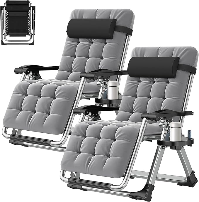 ABORON 2 Pack Zero Gravity Chair, Outdoor Lounge Chairs Sun Loungers with Removable Cushion,Headrest,Cup Holder,Reclining Patio Lounger Chair for Indoor and Outdoor