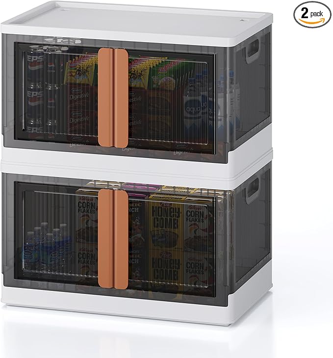 19Gal Collapsible Storage Bins with Lids & Wheels - 2 Pack Stackable with Doors, Heavy-Duty Plastic Containers for Home/Office, White