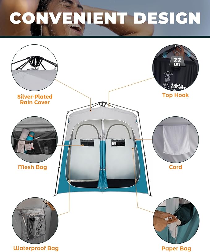 KingCamp Camping Shower Tent, Instant Portable Privacy Shelter, 1/2 Room Large Outdoor Toilet Tent with Floor, Water-Resistant, Windproof & Easy Setup for Beach, Camping & Hiking