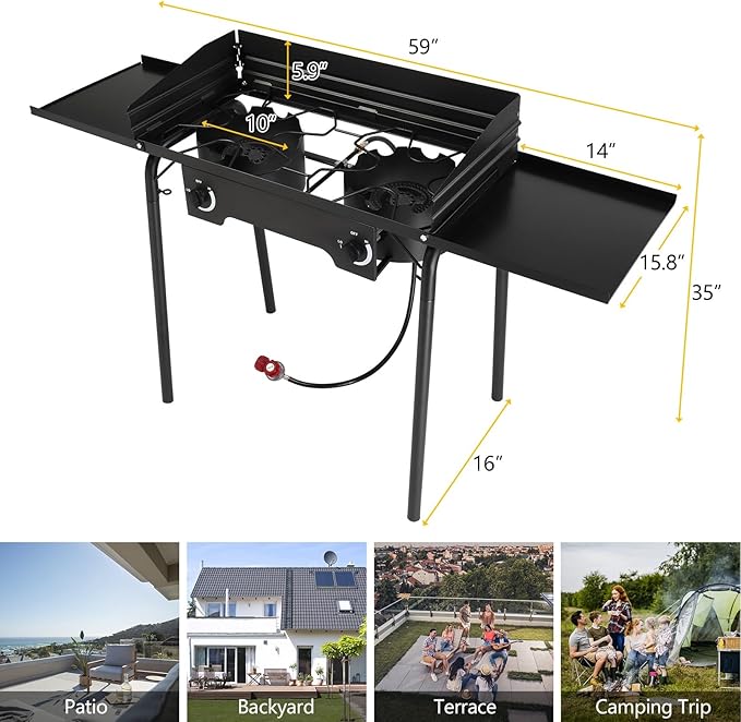 Bonnlo 2 Burners Propane Gas Stove, 150,000 BTU Portable Outdoor Camp Cooker Stove with Regulator, Side Shelves, Foldable Windpanel, Adjustable Height & Carrying Bag for Backyard, Camping, Tailgating