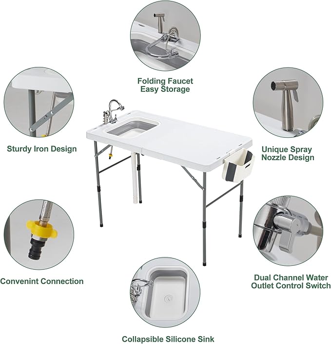 Dragosum 50" Folding Fish Cleaning Table with Foldable Sink, Outdoor Fillet Station Portable Camping Kitchen Station with Smaller Folding Volume, Larger Desktop, Fish Cleaning Kit