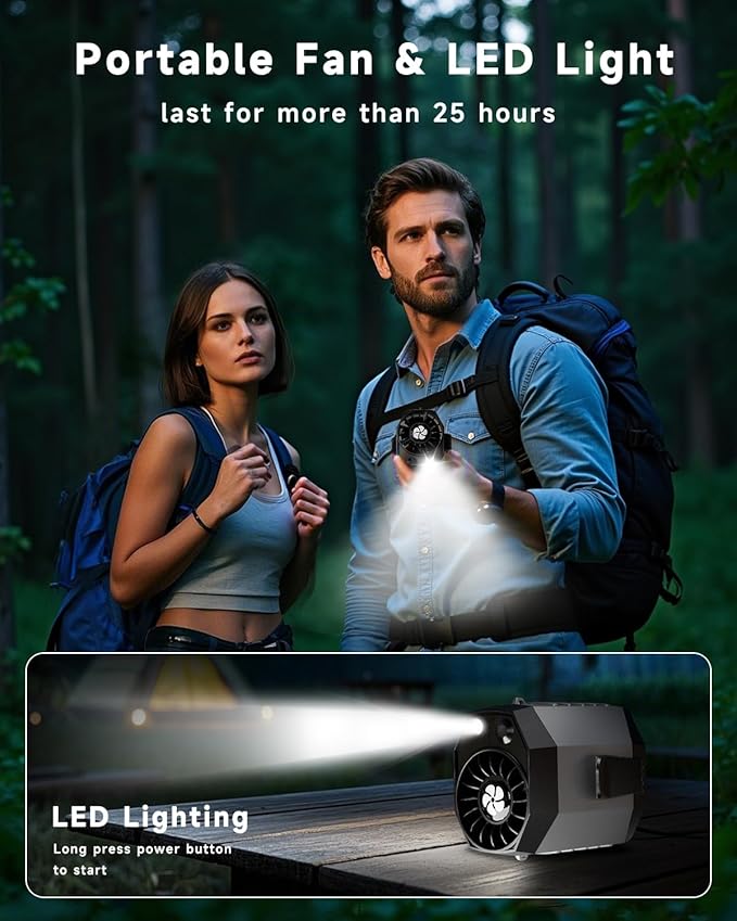 2025 Smart Portable Rechargeable Fan with LED Light & 25H Runtime, 4-Speed 9200RPM Turbo Cooling Personal Waist Fan, Wearable Neck & Belt Clip for Camping, Outdoor, Hiking - Grey