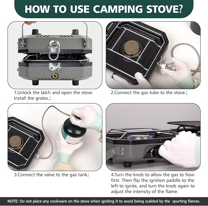 2 Burner Portable Camping Stove with Griddle 17200 BTU Folding Camp Gas Stove Camping Adjustable Burners Piezo Ignition