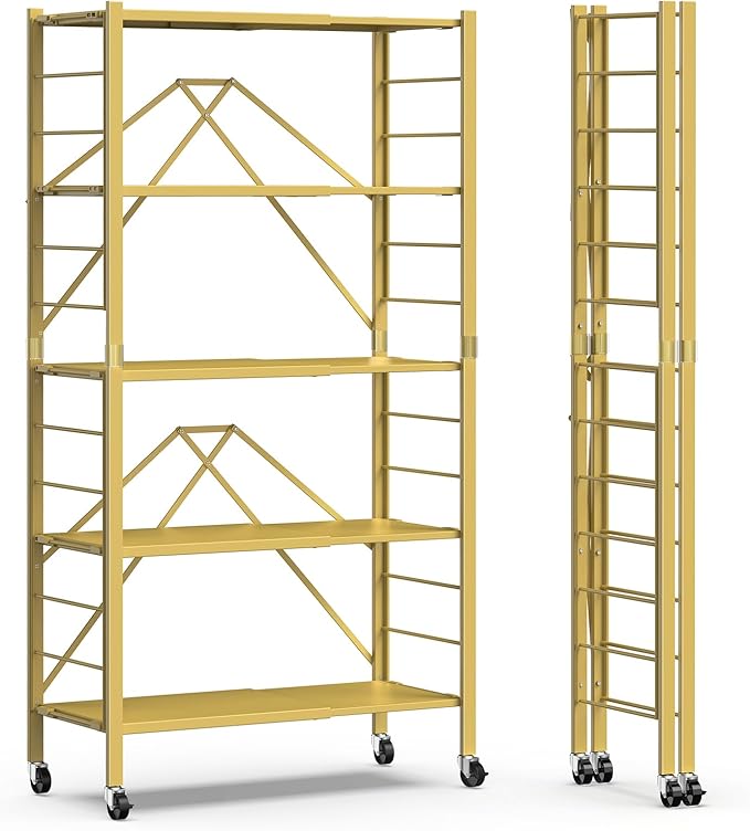 5 Tier Foldable Storage Shelves, Expandable Folding Shelving Units with Wheels, Changeable into 2 Shelf Units, Collapsible Adjustable Storage Rack Metal Shelves for Storage, Pantry, Garage, Gold