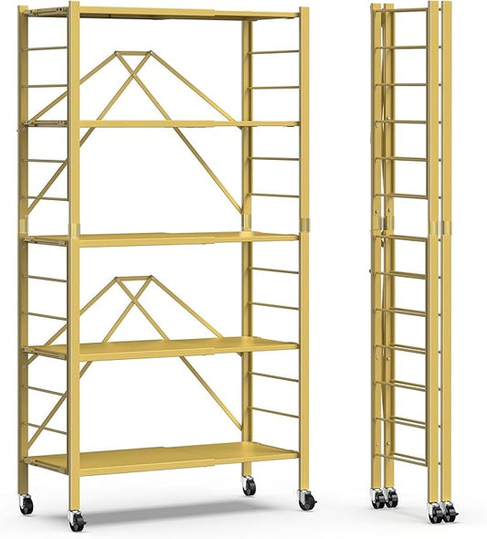 5 Tier Foldable Storage Shelves, Expandable Folding Shelving Units with Wheels, Changeable into 2 Shelf Units, Collapsible Adjustable Storage Rack Metal Shelves for Storage, Pantry, Garage, Gold