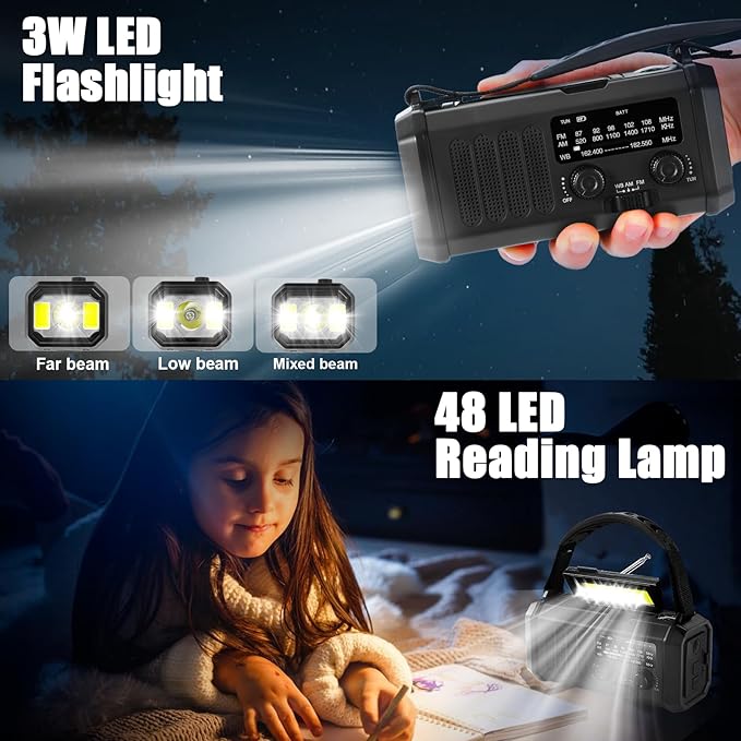 Hand Crank Emergency Radio,74000mWh Solar Powered Portable NOAA AM FM Weather Radio with 3 Mode Flashlight and Reading Light,Cell Phone Charger,Home and Emergency Distress Signal (Black)
