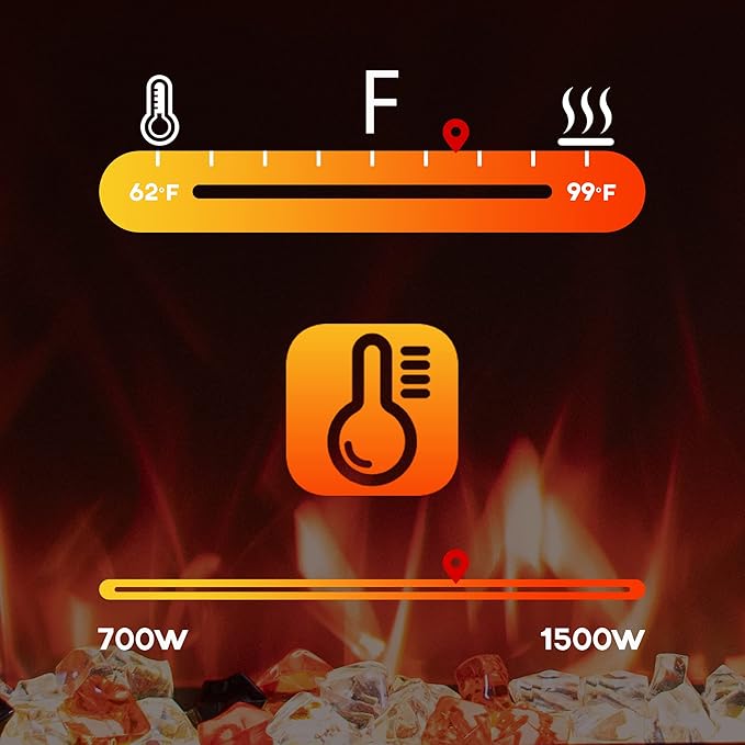 60'' Electric Fireplaces Inserts, Recessed & Wall-Mounted Fireplace Heater with Thermostat, Multicolor Flames,Timer, Log & Crystal, 750/1500W, Black