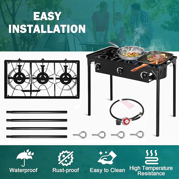 3 Burner Propane Gas Stove for Outdoor Cooking| 225,000 BTU High-Pressure Heavy-Duty Camping Stove with Regulator, Detachable Legs | Portable for Backyard Cooking, BBQ, Baking and Frying