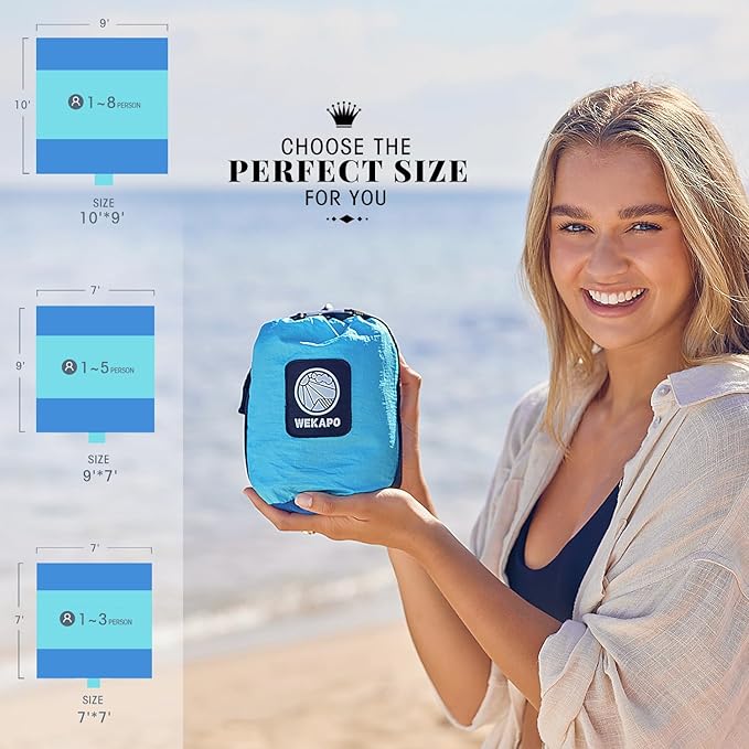 WEKAPO Beach Blanket Sandproof Waterproof, Extra Large Beach Mat, Oversized & Compact Sand Free Mat Quick Drying, Lightweight & Durable with 6 Stakes & 4 Corner Pockets