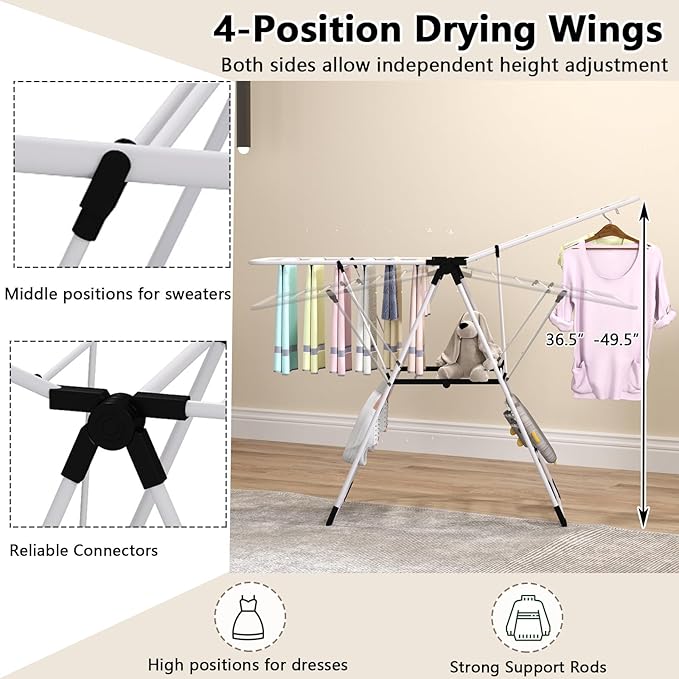 Tangkula Clothes Drying Rack, Collapsible Laundry Rack with Hanging Rods, Shoe Hangers, Adjustable Gullwing and Foldable Design for Space-Saving, Stainless Steel Clothing Shelf