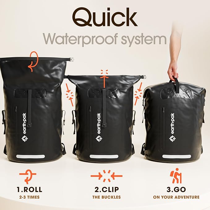 Earth Pak Waterproof Backpack - Heavy Duty Hiking Backpack - Roll-Top Closure Bag - Cushioned Dry Bag Waterproof Phone Case