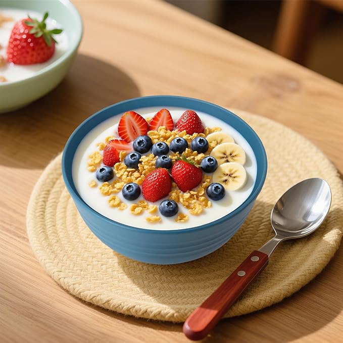 6-piece Wheat Straw Bowls sets 26oz,Alternative Plastic Bowls Reusable for indoors and outdoors,Microwave-able and Dishwasher Safe Bowls Sets Easy to Clean.Blue Series