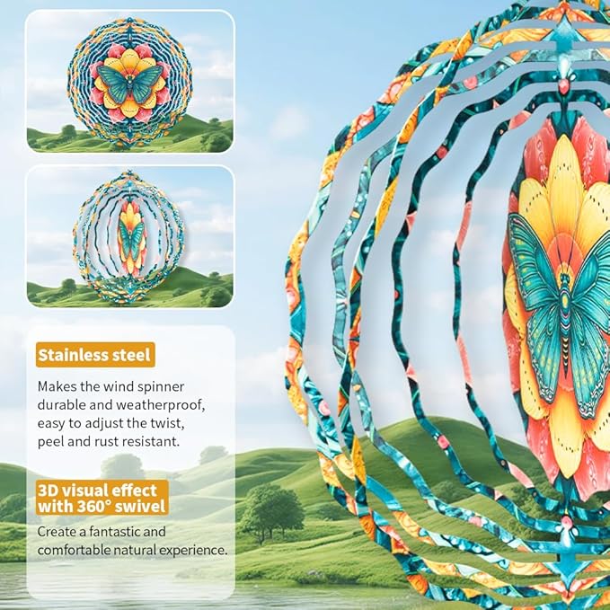 3D Wind Spinner for Garden - 10inch Stainless Steel with Double-Sided UV Printing | High-Resolution Images | Weather-Resistant Outdoor Spinning Decor for Patio, Yard & Gifts (Butterfly)