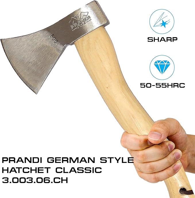 Prandi Axes German C45 Forged Carbon Steel Hatchet - Hickory Handle with Leather String - Ideal for Camping, Travel and Bushcraft - S/N 3.003.10.CH - 16" L x 6.85" W, 1000g Polished Head, No Sheath
