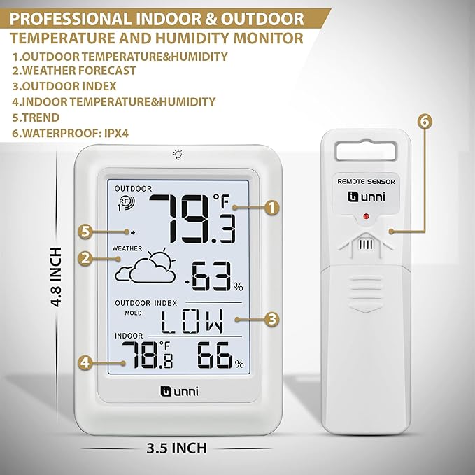 Indoor Outdoor Thermometer Wireless Weather Station, Temperature Humidity Monitor Battery Powered Inside Outside Thermometers with 330ft Range Remote Sensor and Backlight Display（WH01）