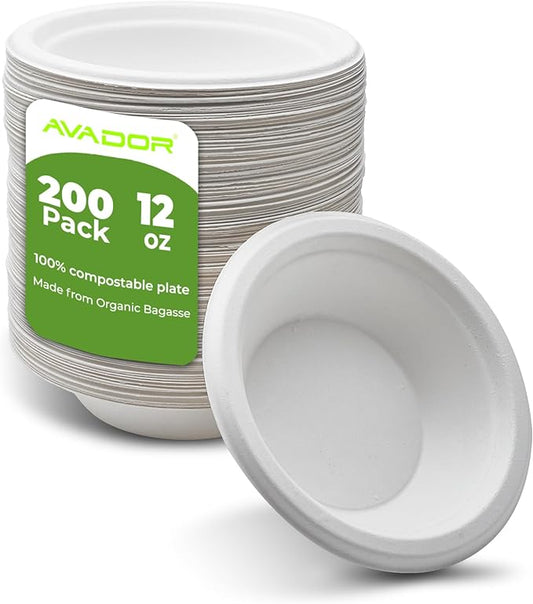 AVADOR® Compostable Tableware 100% Eco-Friendly & Biodegradable Dinnerware Eco-Conscious, Disposable, and 100% Biodegradable (12oz Bowl Pack of 200)