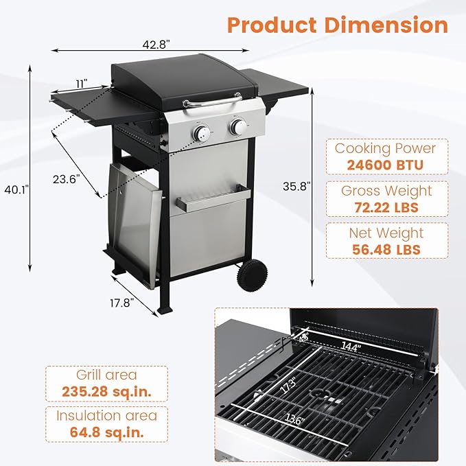 2-Burner Propane Gas BBQ Grill, SS Plancha, 24600BTU Stainless Steel Barbecue Grill With Wire Enamel Cooking Grids Foldable Side Table for Outdoor Camping (Style9: 2-Burner with SS Plancha)