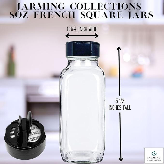 JARMING COLLECTIONS 8 oz Glass French Square Spice Jars with Shaker Lids - Elegant Design for Food Storage and Kitchen Organization - Enhance Your Spice Storage – Made in USA