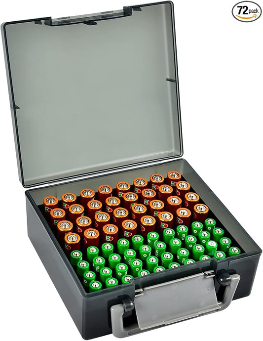 FULLCASE Battery Storage Organizer Holder Holds 72 AA AAA Batteries, Box Cases Garage Container, Home Drawer Organization Dispenser (Case Only) (Grey)