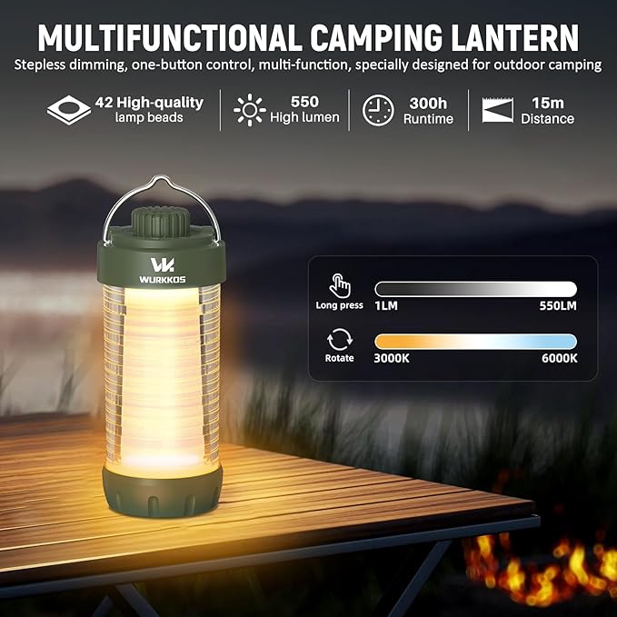 Wurkkos CL01 Camping Lantern Rechargeable, 550LM Waterproof Tent Light with Magnet Base, Up to 300H Runtime,Portable Lantern Flashlight with RGB light,Emergency Camp Light for Hurricane,Hiking,Camping