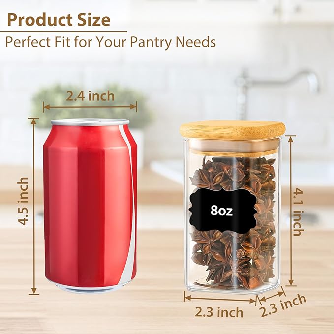 12 Pack 8 oz Square Glass Spice Jars with Lids and Labels – Airtight Small Spice Containers Set, Clear Glass Storage Jars for Seasoning, Spices, Kitchen Pantry Organization