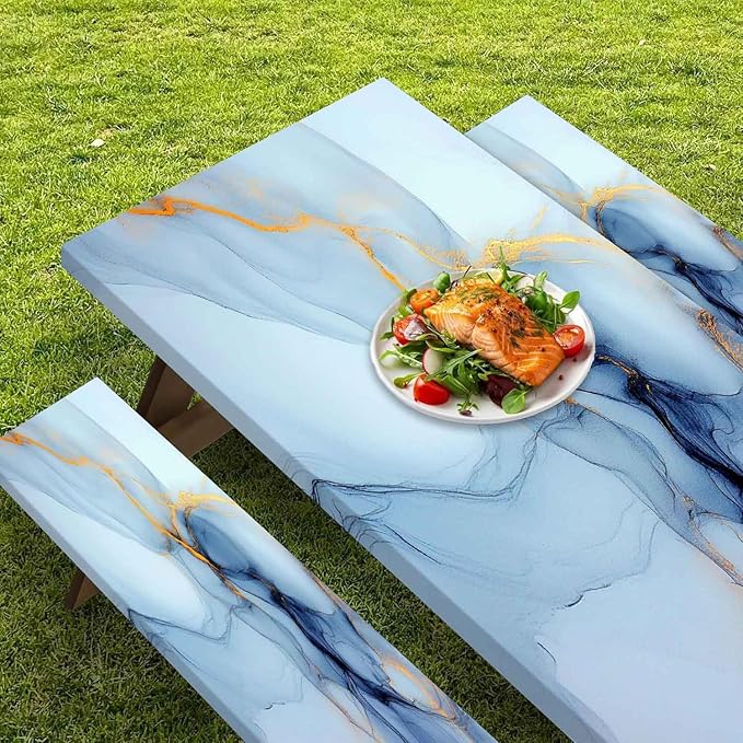 CAPSCEOLL Fitted Picnic Table Cover with Bench Covers with Elastic 8Ft Waterproof Camping Picnic Table Cover Cloths for Outdoors Camping Tablecloth with Drawstring Bag, 96X30in, Blue Marble