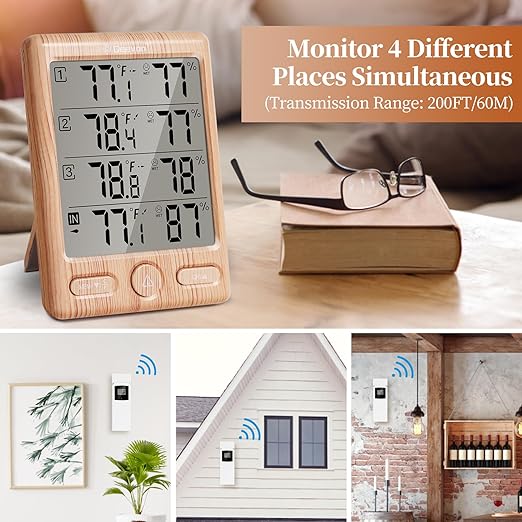 Geevon Indoor Outdoor Thermometer Wireless with 3 Remote Sensors, Digital Hygrometer Indoor Thermometer, Temperature Humidity Monitor Gauge with 200FT/60M Range (Wooden)