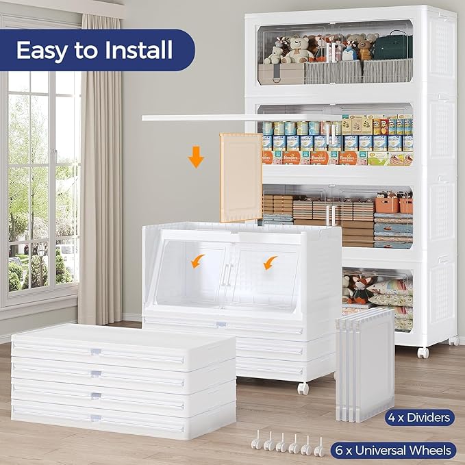 200GAL Extra Large Storage Bins with Lid, 800Qt Stackable Closet Organizers and Drawers, Collapsible Storage Bins with Wheels, Folding Storages Cabinet for Home Bedroom Office, 5Pack White