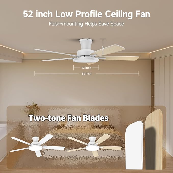 TALOYA Ceiling Fans with Lights and Remote, 52 inch Low Profile Ceiling Fan with Nightlight, Flush Mount, Reversible, 3CCT, Dimmable White Modern Ceiling Fan for Bedroom, Living Room, Outdoor Patio