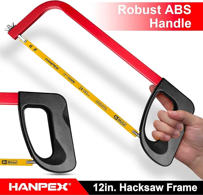 12in. High-Tension Hacksaw Frame with 24 TPI Bi-metal Blade, Hand Saw Suitable for Metal, wood, PVC, Carpentry（Black Handle）