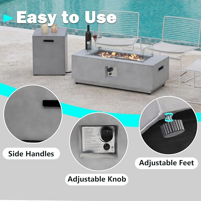 42" Rectangular Propane Fire Pit – 50,000 BTU Concrete Fire Pit with Tank Cover – 2-Piece Outdoor Firepits – Gas Fireplace for Deck or Patio