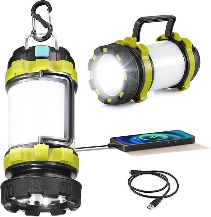 LED Camping Lantern Flashlight Rechargeable(Pack of 1), Consciot Portable Torch with 6 Light Modes, 3600mAh Power Bank, IPX4 Waterproof, USB C, Camping Lights for Hurricane, Emergency, Survival Kits
