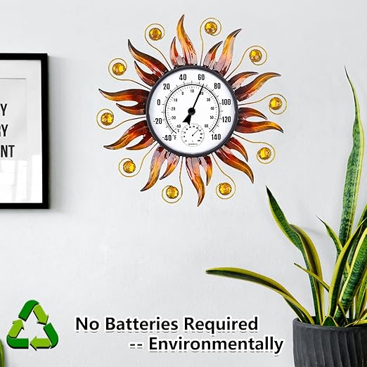 Indoor Outdoor Thermometer, Sun Wall-Mounted Thermometer with Humidity, Easy to Read Decorative Outside Thermometer for Patio, Garden, No Require Batteries