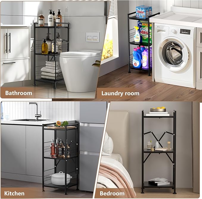 Himix 3-Tier Bathroom Shelves Expandable Narrow Shelf Metal Shelving Unit Storage Rack Open Floor Corner Shelf for Bathroom, Kitchen, Laundry, Office, Bedroom Organization (Black)