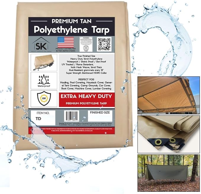 16 Mil Extra Heavy Duty Poly Tarp - Waterproof Tarp with True Size, UV Protection, Tear Resistance, Arctic Flexibility & Reinforced Corners 7x20