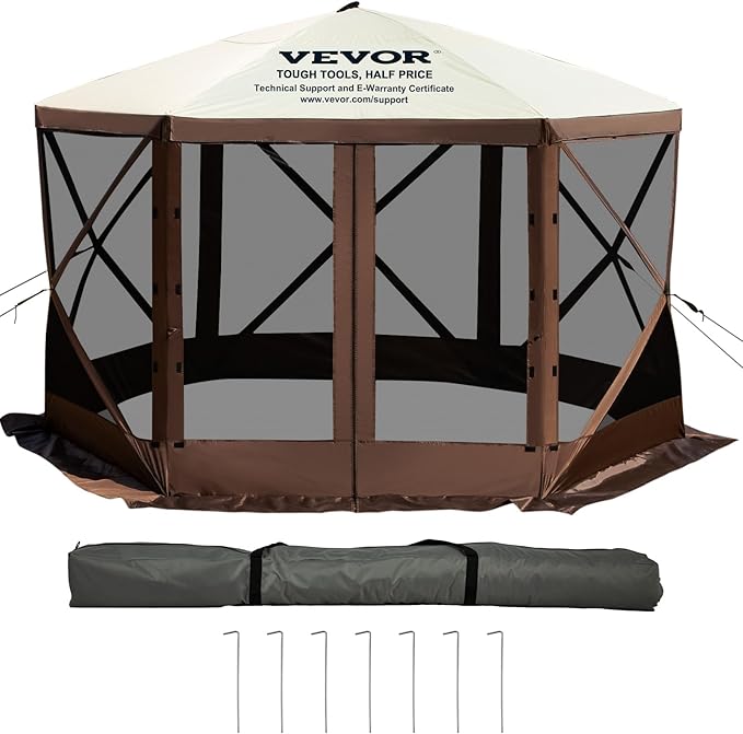 VEVOR Pop Up Gazebo Screen Tent, Pop-Up Instant Gazebo Tents with Mosquito Netting Outdoor Canopy, 6 Sided Sun Shelter 10x10ft with 6 Removable Wind Cloths & 2 Mesh Windows, Pavilion Tent for Patio
