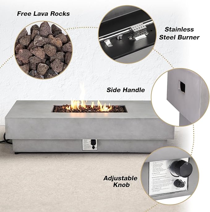 60" Rectangular Propane Fire Pit – 50,000 BTU Fire Pit with Rocks – Backyard Firepits Outdoor – Propane Gas Fireplace for Deck or Patio