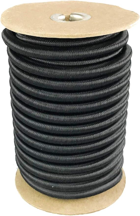 Elastic Bungee Cord. 3/16", 3/8", 1/4", 5/16", 1/8". 50 and 100 Foot Spools. Weather and Abrasion Resistant. Used for Tie Downs, Crafting, DIY Projects. Black Shock Cord. Made in the USA