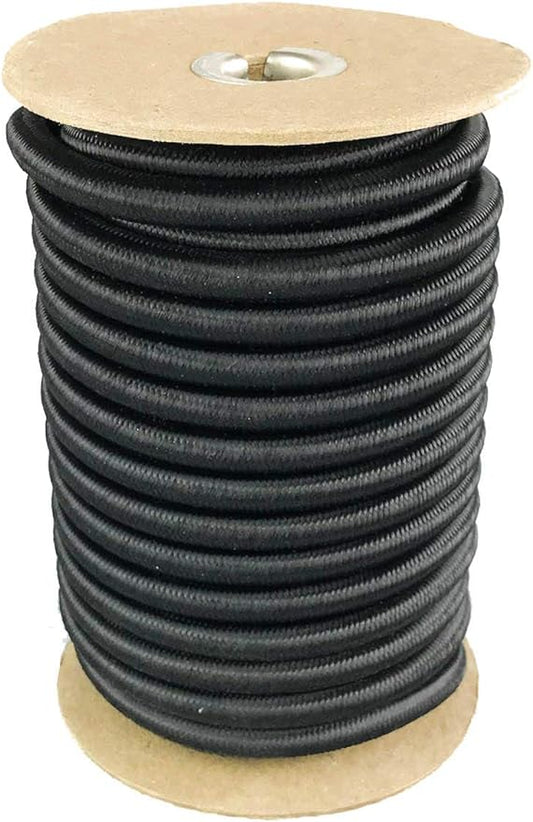 Elastic Bungee Cord. 3/16", 3/8", 1/4", 5/16", 1/8". 50 and 100 Foot Spools. Weather and Abrasion Resistant. Used for Tie Downs, Crafting, DIY Projects. Black Shock Cord. Made in the USA