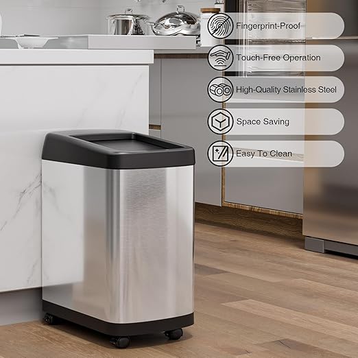 ELLO&ALLO 13 Gallon Kitchen Trash Can with Roll Up Lid, Automatic Touchless Motion Sensor Rectangular Trash Can with Wheels, Brushed Stainless Steel Finish