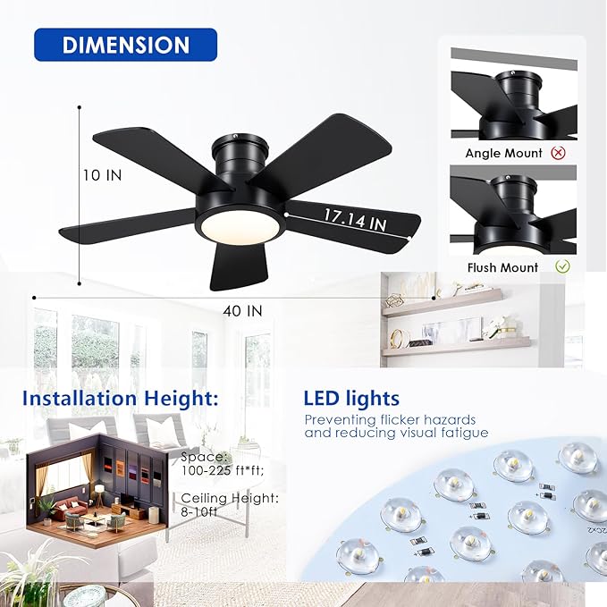 Ceiling Fans with Lights,Modern Low Profile Ceiling Fan with Remote Control,5 Dual-Sided Blades,Reversible DC Motor,40" Black Small Flush Mount Ceiling Fan for Bedroom Indoor/Outdoor Use