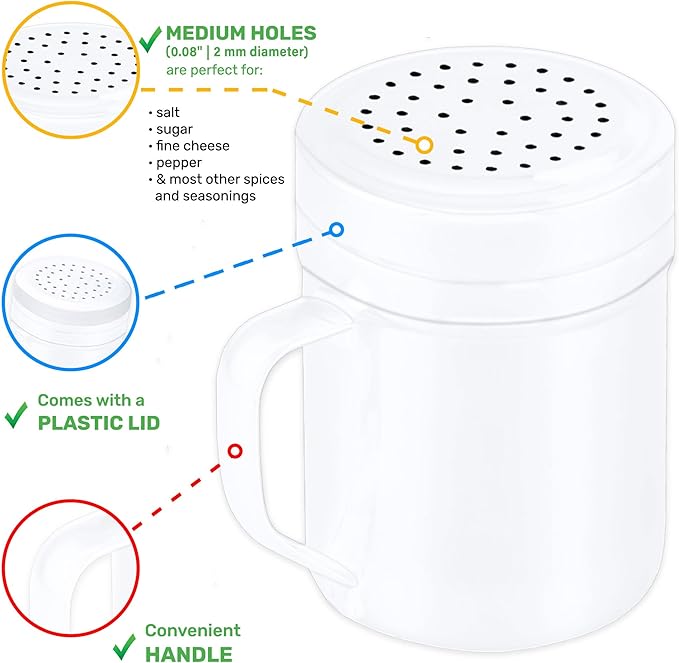 CUSINIUM 10oz White Stainless Steel Salt Pepper Dredge Shakers - With Plastic Cap - With Handle - Pack of 2