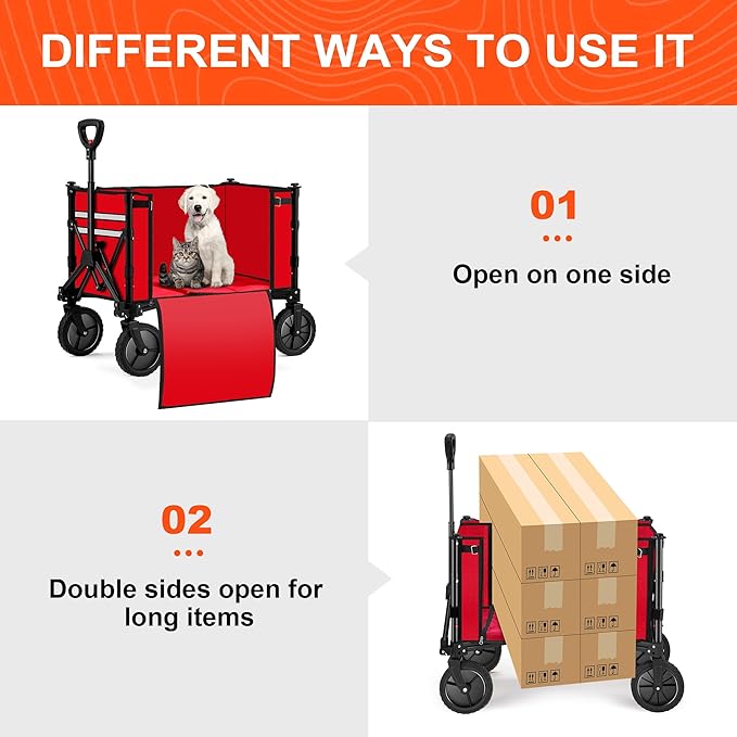 Collapsible Wagon Carts,Folding Wagon Cart with All Terrain Wheels,Heavy Duty Garden Carts with Adjustable Handle,Outdoor Utility Wagon for Camping Shopping Sports Fishing（Red）