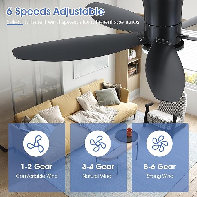 48" Ceiling Fans with Lights-Low Profile Ceiling Fan with Light and Remote/APP Control,Flush Mount,DC Reversible,LED Dimmable Blakc Ceiling Fans for Bedroom,Indoor/Outdoor Patio Use