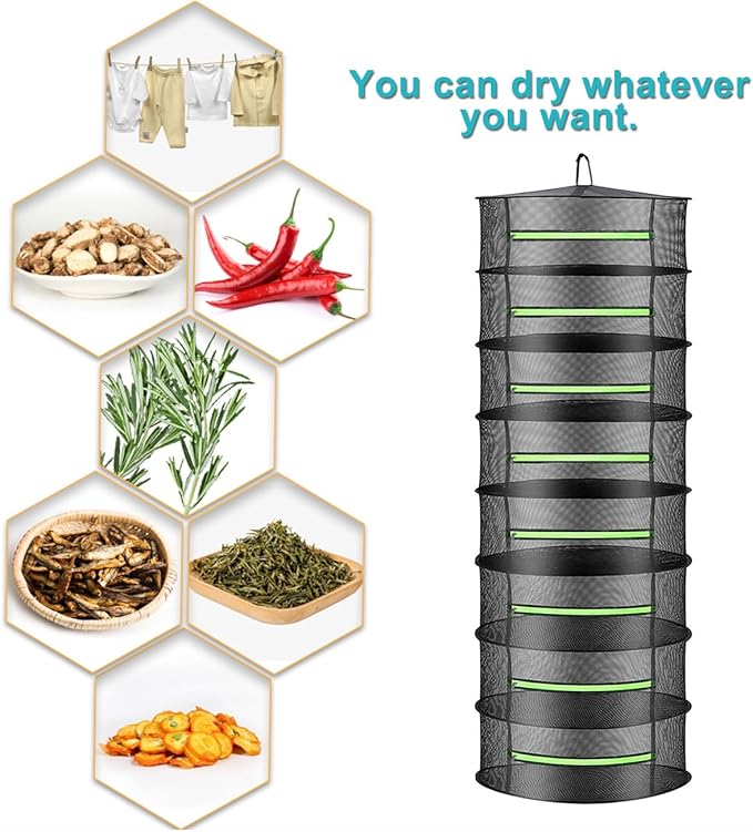 2ft Herb Drying Rack Net Mesh with Green Zippers Hydroponics,Bonus Hook Drying Rack Herbs for Plant Bud Seed, Mesh Hanging Plant Dry,Herb Dry Net for Garden (8 Layer, Zipper Style)