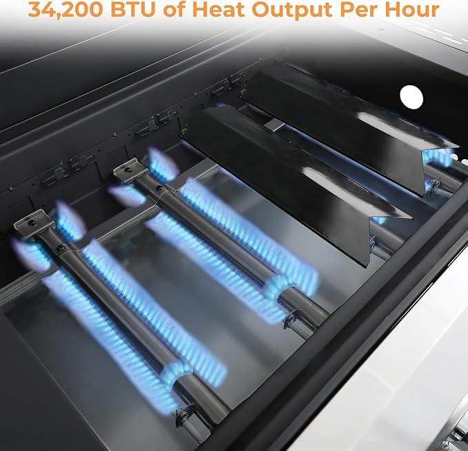 4 Burner Propane Gas Grill with Spice Rack, Foldable Side Tables, Durable Lid, Stainless Steel Burners, Built-in Thermometer, 34,200 BTU Gas Grill for Patio, Garden BBQ